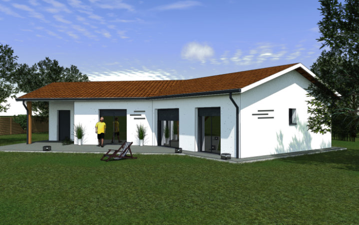Rendu 3D Vue extérieure Ouest maison 95 m²