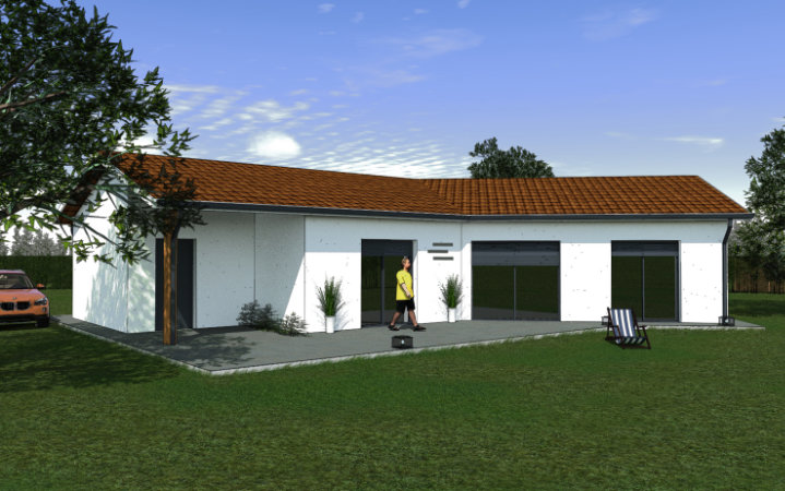 Rendu 3D Vue extérieure Sud maison 95 m²