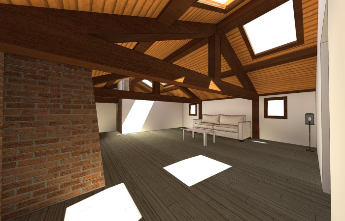 Rendu 3D Vue intérieure salon étage charpente apparente